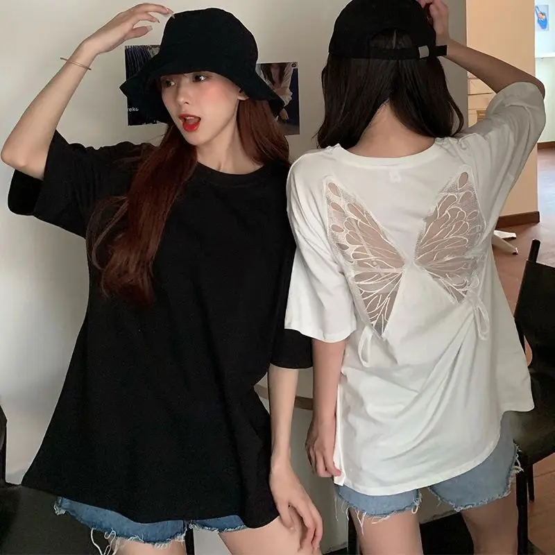 Summer Sexy Hollow Out Backless Butterfly T-Shirt Loose Casual Short Sleeve Top Round Neck Solid Color Base Shirt Women's Wear
Summer Sexy Hollow Out Backless Butterfly T-Shirt Loose Casual Short Sleeve Top Round Neck Solid Color Base Shirt Women's Wear