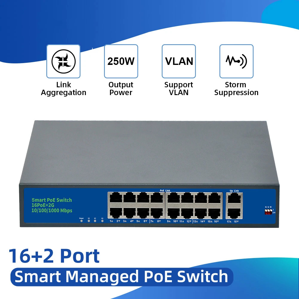 

16+2 POE switch with standardized RJ45 port IEEE 802.3 af/at 18port Network switch Ethernet with 10/100Mbps for POE cameras