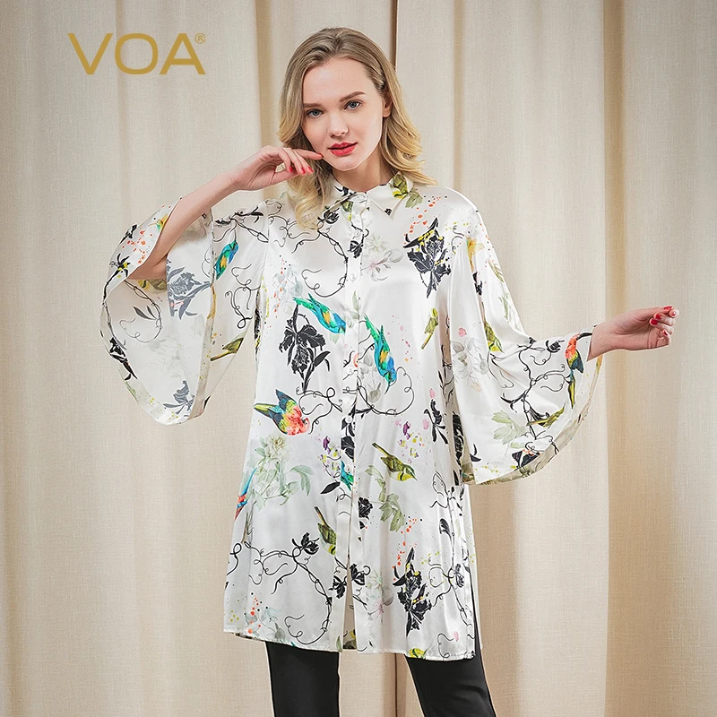 VOA White Flower-and-bird Pattern Pointed Collar Single-breasted Nine Quarter Split Long Stretch Silk Shirts Womens Tops B7338
VOA White Flower-and-bird Pattern Pointed Collar Single-breasted Nine Quarter Split Long Stretch Silk Shirts Womens Tops B7338