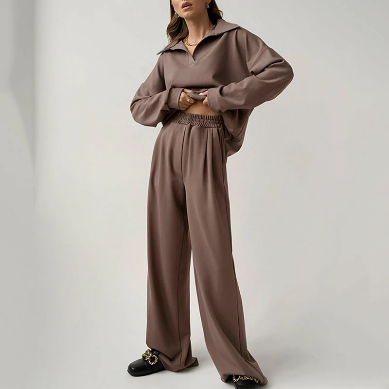 Elegant Women Two Piece Sets Fashion Autumn Winter Ladies Tracksuit Loose Lapel V-neck Polo Tops And Wide Leg Trouser Suits
Elegant Women Two Piece Sets Fashion Autumn Winter Ladies Tracksuit Loose Lapel V-neck Polo Tops And Wide Leg Trouser Suits