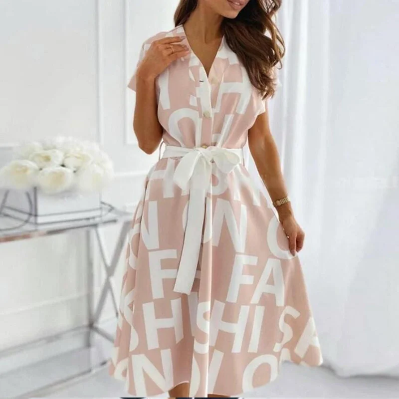 Summer 2021, women's fashion V-neck beveled dress, sexy, short sleeved, with lace up, lettered print
Summer 2021, women's fashion V-neck beveled dress, sexy, short sleeved, with lace up, lettered print