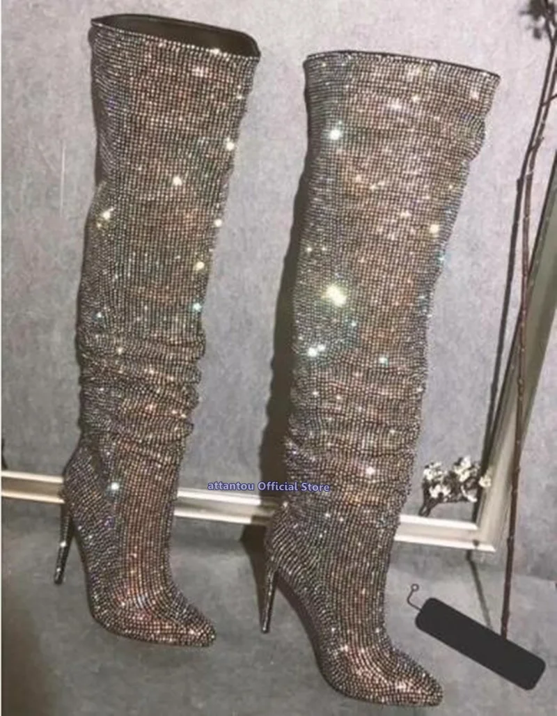 Women Pointed Toe Rhinestone Knee High Boots Bling Bling Crystal Gladiator Slouch Crystal-Embellished Leather Knee Booties
Women Pointed Toe Rhinestone Knee High Boots Bling Bling Crystal Gladiator Slouch Crystal-Embellished Leather Knee Booties