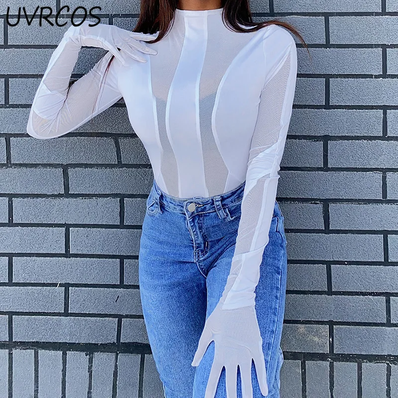 Mesh Patchwork Bodysuit Women Early Autumn Mock Neck Long Sleeve Little See Through Skinny Tops with Gloves Female Weird Clothes 
Mesh Patchwork Bodysuit Women Early Autumn Mock Neck Long Sleeve Little See Through Skinny Tops with Gloves Female Weird Clothes