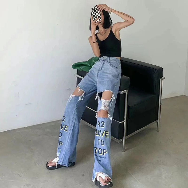 CHICEVER Casual Hollow Letter Denim Pant For Women High Waist Patchwork Pockets Full Length Straight Jeans Females Fashion Style