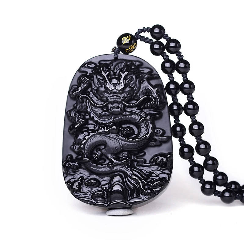 Dragon Natural Black Obsidian Jade Pendant Necklace Chinese Hand-Carved Fine Charm Jewelry Amulet Accessories for Men Women