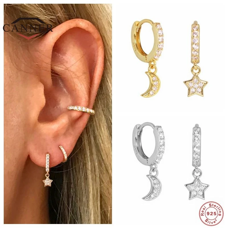 CANNER 100% 925 Sterling Silver Hoop Earrings For Women Moon And Star Gold Color Piercing Earring Earings Jewelry Pendientes
CANNER 100% 925 Sterling Silver Hoop Earrings For Women Moon And Star Gold Color Piercing Earring Earings Jewelry Pendientes