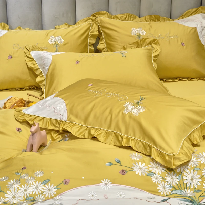 Yellow Green 60S Egyptian Cotton Girls Bedding Set Daisy Bouquet Embroidery Ruffles Duvet Cover Bed Sheet Bed Linen Pillowcases
Yellow Green 60S Egyptian Cotton Girls Bedding Set Daisy Bouquet Embroidery Ruffles Duvet Cover Bed Sheet Bed Linen Pillowcases