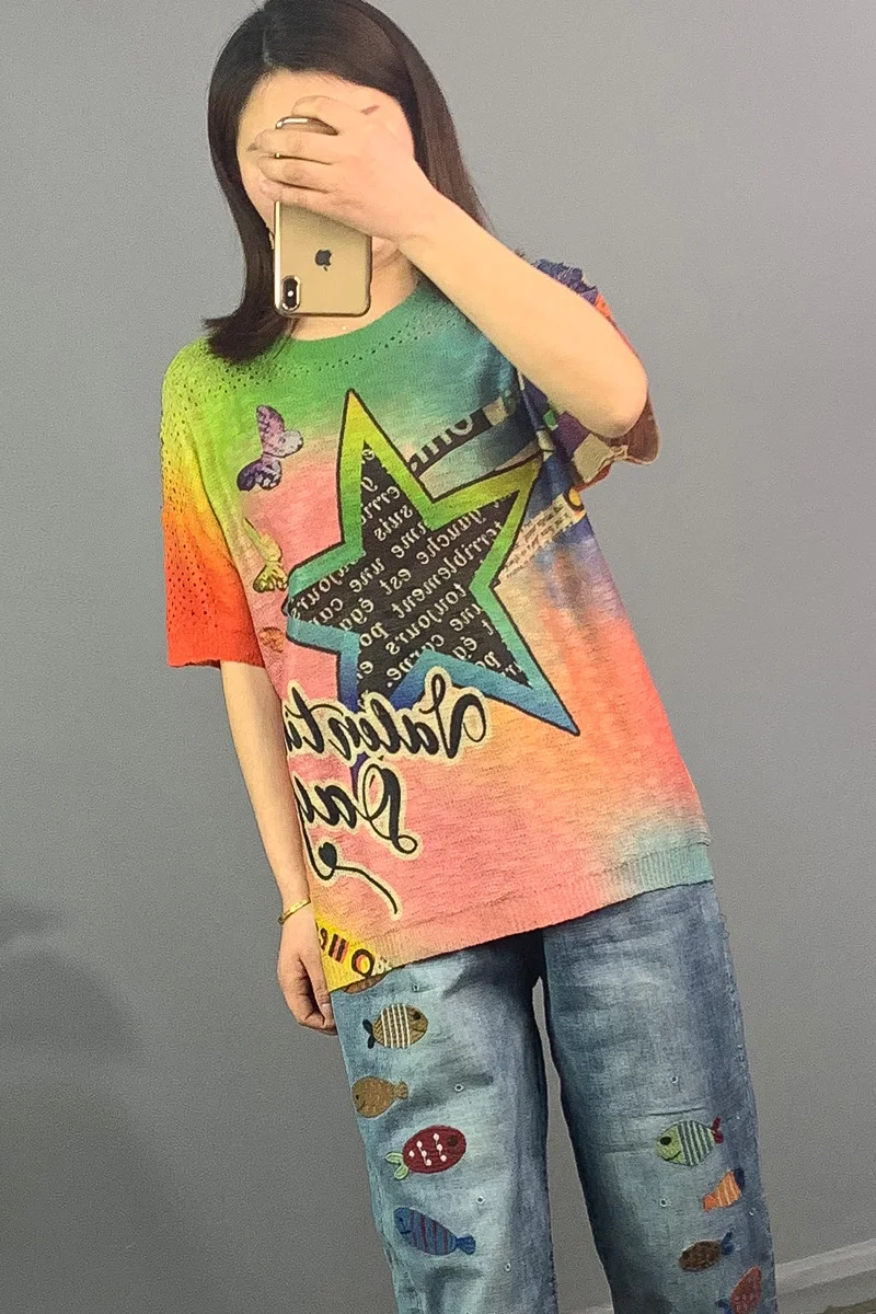 Summer New Knitted Short Sleeved T-shirt Women's Loose Slimming Five Star Printed Hollow Sweater Cotton Sleeves Top
Summer New Knitted Short Sleeved T-shirt Women's Loose Slimming Five Star Printed Hollow Sweater Cotton Sleeves Top