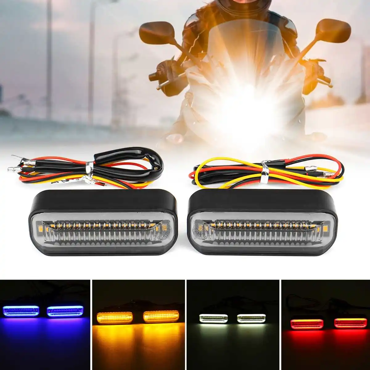 Pair Motorcycle Indicator Lights LED Flowing Turn Signal Indicators Running DRL Light Dynamic amber+White/Blue/Red Blinker
Pair Motorcycle Indicator Lights LED Flowing Turn Signal Indicators Running DRL Light Dynamic amber+White/Blue/Red Blinker