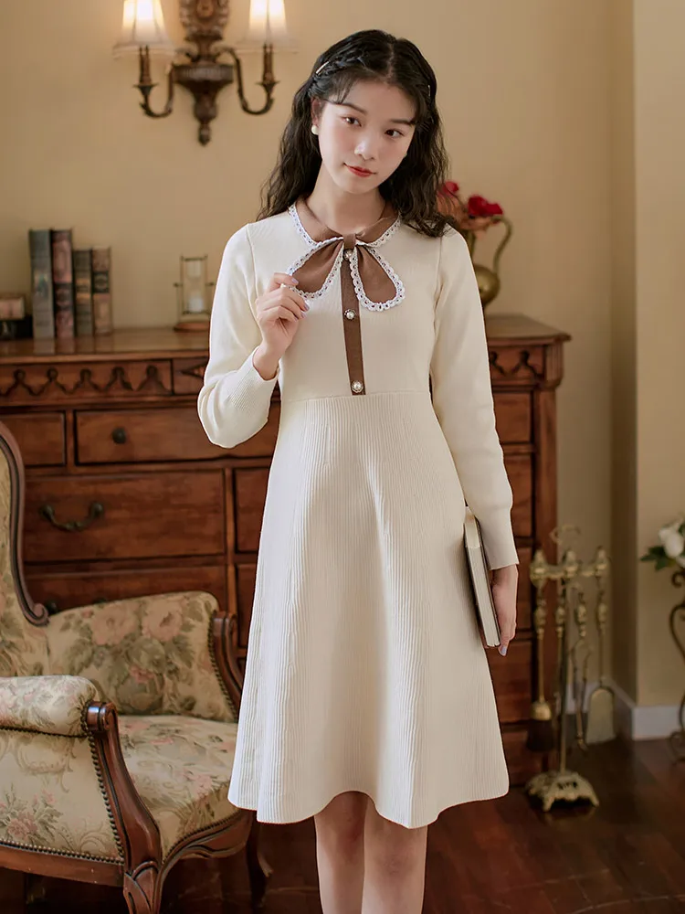 

A word skirt of tall waist sweater to film the retro cultivate one's morality qiu dong render dress