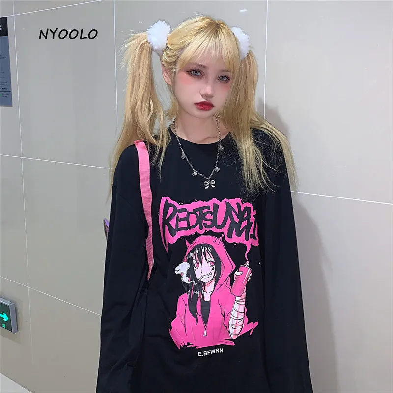 

NYOOLO Autumn streetwear cartoon Anime hip hop girl letters print long sleeve T-shirt women clothes Harajuku loose tops tee