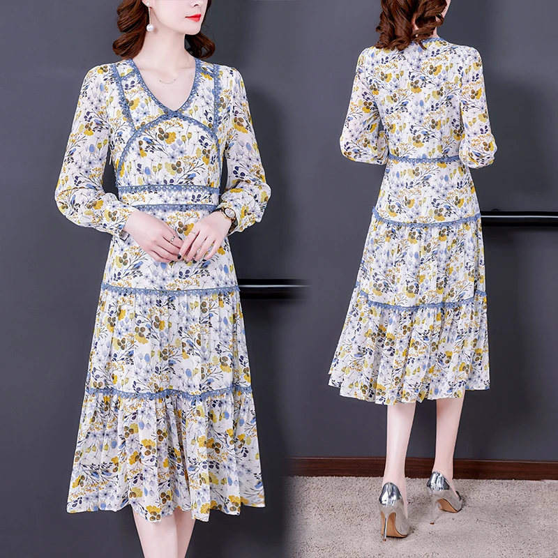 COIGARSAM Long Dress Women Spring 2021 New Office Lady French Style Print Full Sleeve Chiffon Lace V-Neck Take Blue Dresses
COIGARSAM Long Dress Women Spring 2021 New Office Lady French Style Print Full Sleeve Chiffon Lace V-Neck Take Blue Dresses