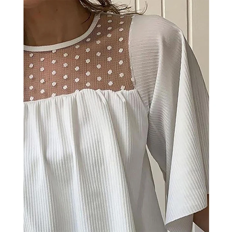 Dot Sheer Mesh Patchwork Half Sleeve Ruffles Casual Blouse Tops
Dot Sheer Mesh Patchwork Half Sleeve Ruffles Casual Blouse Tops