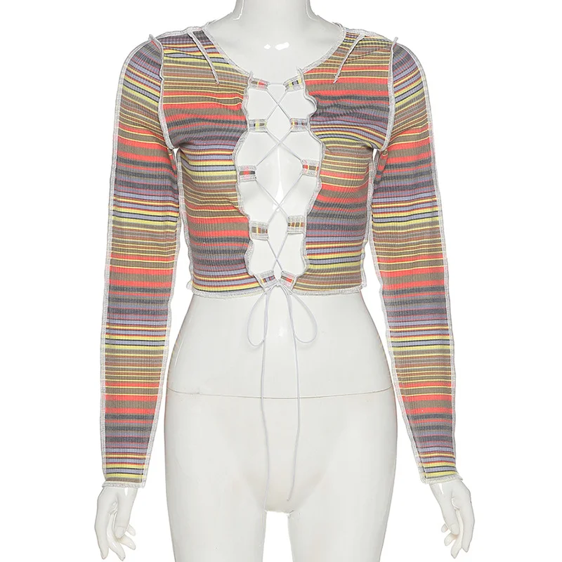 Sexy T-shirt Women's Long Sleeve Strap Holloe Out Female Nightclub Party Wear Tops Stripe Color Vintage Women Clothes
Sexy T-shirt Women's Long Sleeve Strap Holloe Out Female Nightclub Party Wear Tops Stripe Color Vintage Women Clothes
