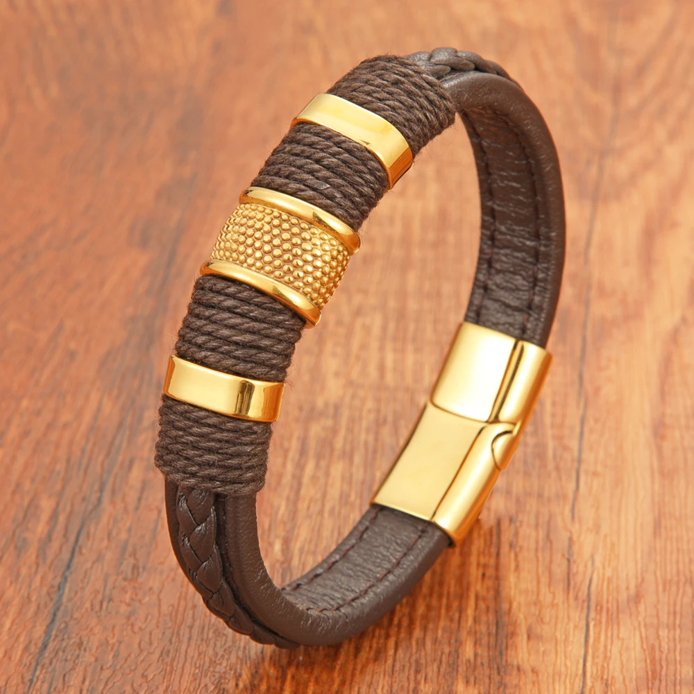 Punk Rock Style Men's Fashion Brown Leather Rope Braided Bracelet With Stainless Steel Magnetic Clasp Jewelry For Friends Gifts |