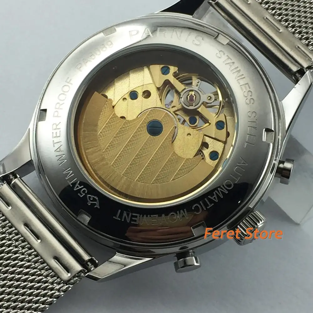 Parnis 43 mm stainless steel case black dial flywheel calendar fashion mans watch steel strap Automatic Business man's watch
Parnis 43 mm stainless steel case black dial flywheel calendar fashion mans watch steel strap Automatic Business man's watch