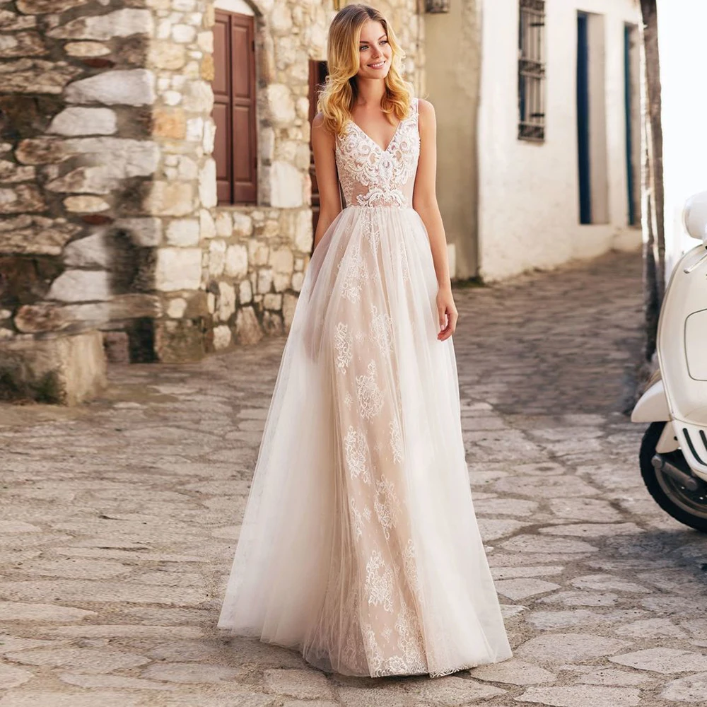 Elegant Woman Lace Wedding Dress For Bride Sleeveless V Neck Champagne Simple Bridal Gown A Line Floor Length Vestido De Novia
Elegant Woman Lace Wedding Dress For Bride Sleeveless V Neck Champagne Simple Bridal Gown A Line Floor Length Vestido De Novia