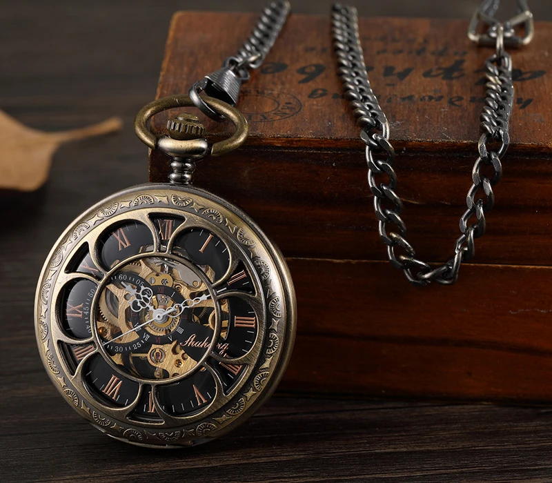 Часы наручные мужские механические бронзовые карманные с циферблатом и римскими