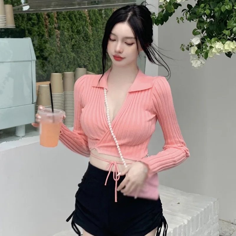 Women Korean V Neck Solid Color Slim T Shirts Sexy Exposed Navel Bandage Knitted Long-Sleeves Cardigan Tops
Women Korean V Neck Solid Color Slim T Shirts Sexy Exposed Navel Bandage Knitted Long-Sleeves Cardigan Tops