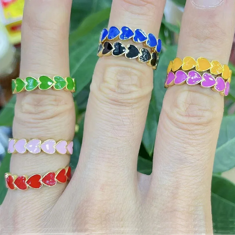 

10PCS,New Colorful Enamel Heart Surrounded Lovely Stacking Rings for Women Minimalist Gold Rings for Best Friend Cute Heart Ring