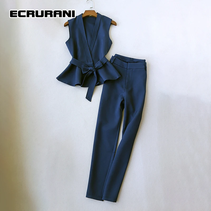 ECRURANI Blue Elegant Women's Trousers Suits V-neck Lace Up Tops High Waist Full Length Pants Casual Sets For Females 2021 Style
ECRURANI Blue Elegant Women's Trousers Suits V-neck Lace Up Tops High Waist Full Length Pants Casual Sets For Females 2021 Style