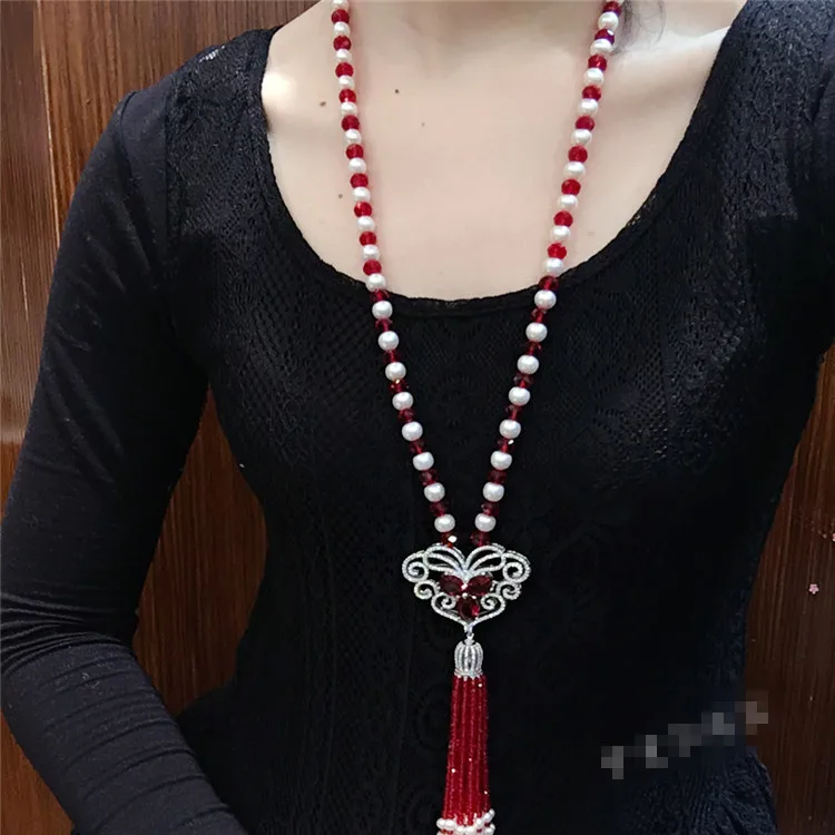 Hand knotted natural white freshwater pearl red glass long sweater chain zircon accessories necklace fashion jewelry
Hand knotted natural white freshwater pearl red glass long sweater chain zircon accessories necklace fashion jewelry