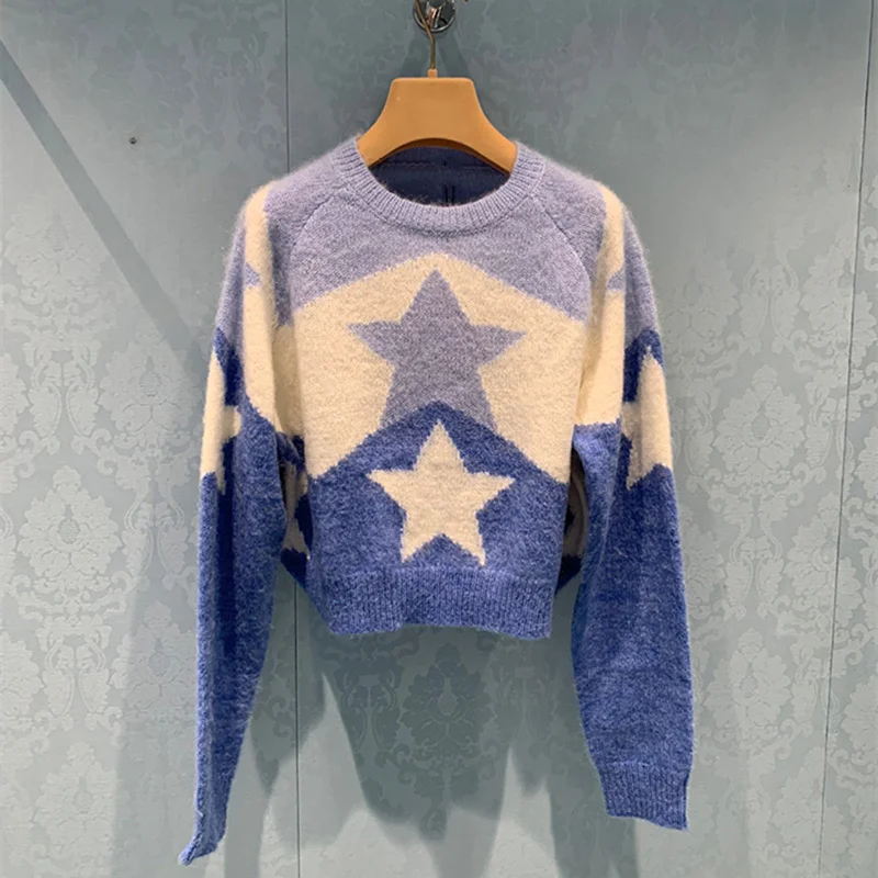 2021 Autumn Winter Runway Blue Cropped Sweater Pullovers Women Stars Long Sleeve O-Neck High Street Vintage Tops Jumper Ladies
2021 Autumn Winter Runway Blue Cropped Sweater Pullovers Women Stars Long Sleeve O-Neck High Street Vintage Tops Jumper Ladies