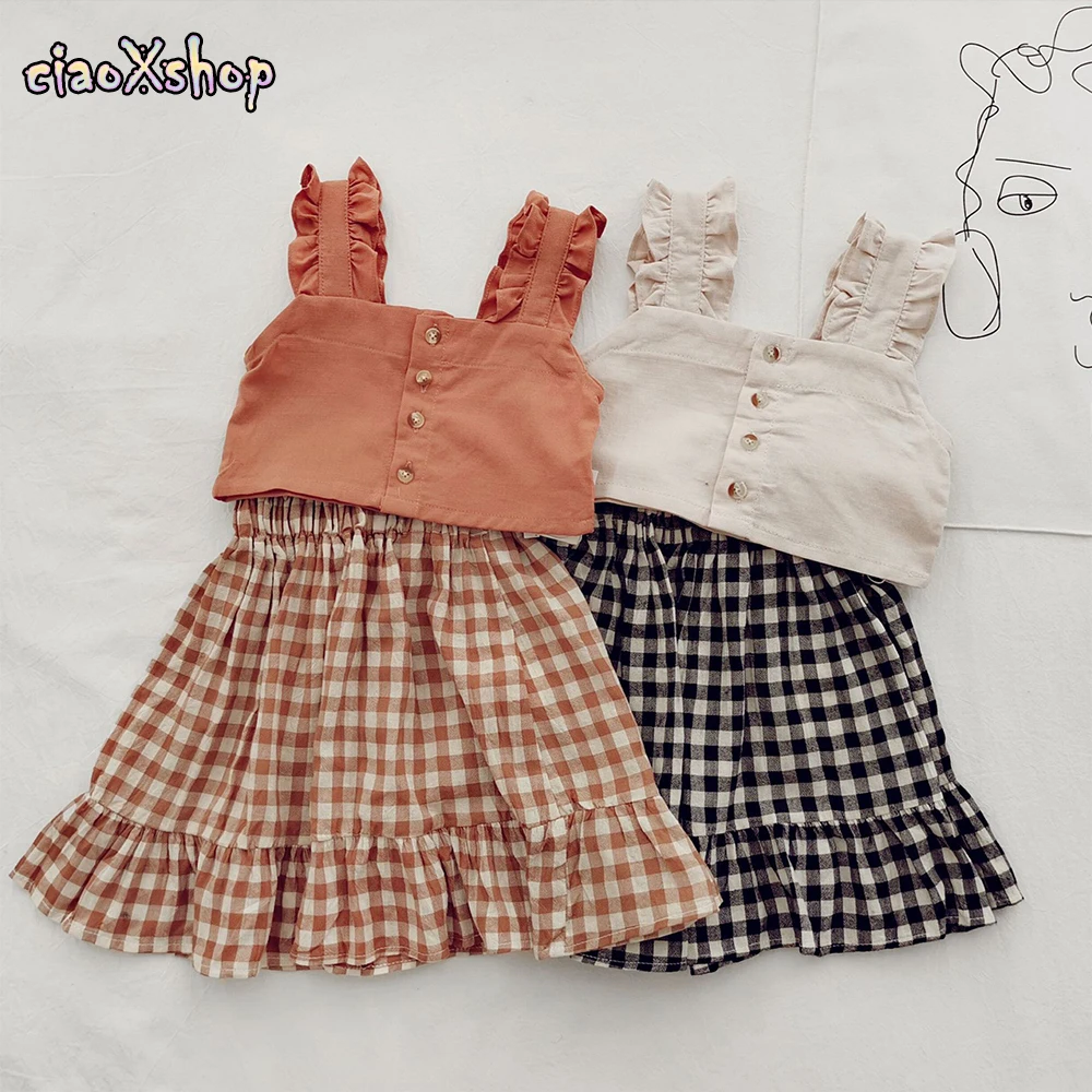 Ciaoxlinyoung New Child Kid Girl Clothes Skirt Suit For 3-8 Years Suspenders Short Top + Plaid Skirt 2PCS Cotton Short Sleeve 
Ciaoxlinyoung New Child Kid Girl Clothes Skirt Suit For 3-8 Years Suspenders Short Top + Plaid Skirt 2PCS Cotton Short Sleeve