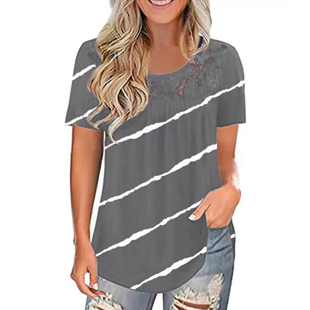 Lace Stitching Pleated Women T-shirt Summer Stripe Casual Tops Female Pullover Tees Hollow Out Loose Ladies Streetwear
Lace Stitching Pleated Women T-shirt Summer Stripe Casual Tops Female Pullover Tees Hollow Out Loose Ladies Streetwear