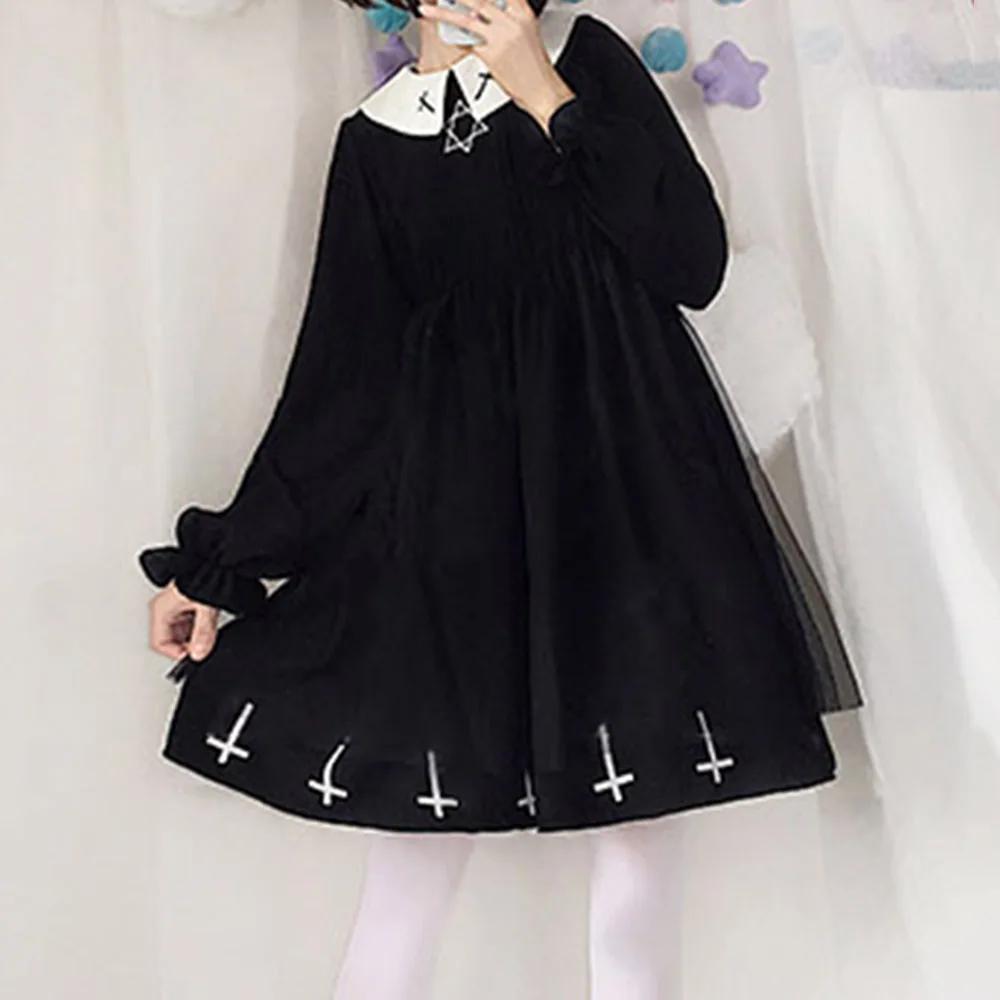 Gothic Lolita Dress Women Black Long Sleeve Hexagram Cross Print School Casual Short Dresses Girl Goth Chick 2021 College Style
Gothic Lolita Dress Women Black Long Sleeve Hexagram Cross Print School Casual Short Dresses Girl Goth Chick 2021 College Style