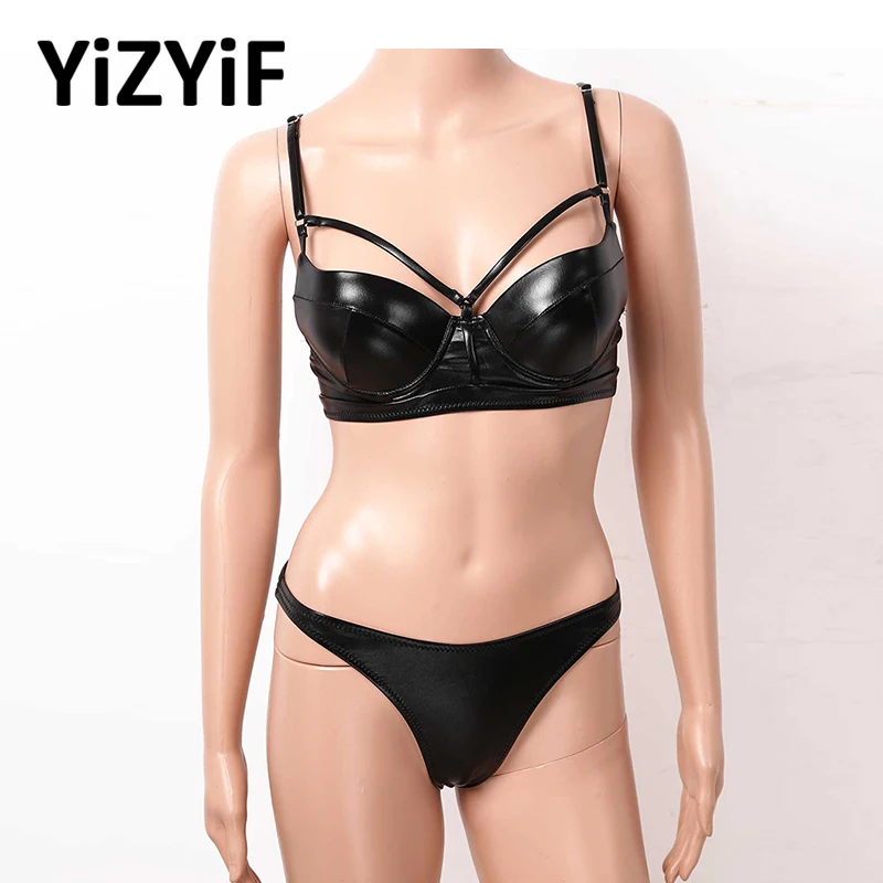 Womens Intimates Bright Leather Sexy Bikini Set Swimsuit Push up Padded Underwired Bra Top with High Cut Thong Bikini Bottoms
Womens Intimates Bright Leather Sexy Bikini Set Swimsuit Push up Padded Underwired Bra Top with High Cut Thong Bikini Bottoms