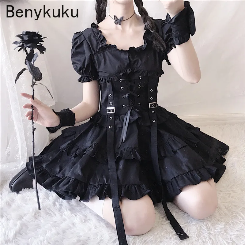 Puff Sleeve Black Gothic Girls Lolita Dress Vintage Punk Style Ruffles Bandage Mini Dress Victorian Renaissance Women Dresses
Puff Sleeve Black Gothic Girls Lolita Dress Vintage Punk Style Ruffles Bandage Mini Dress Victorian Renaissance Women Dresses