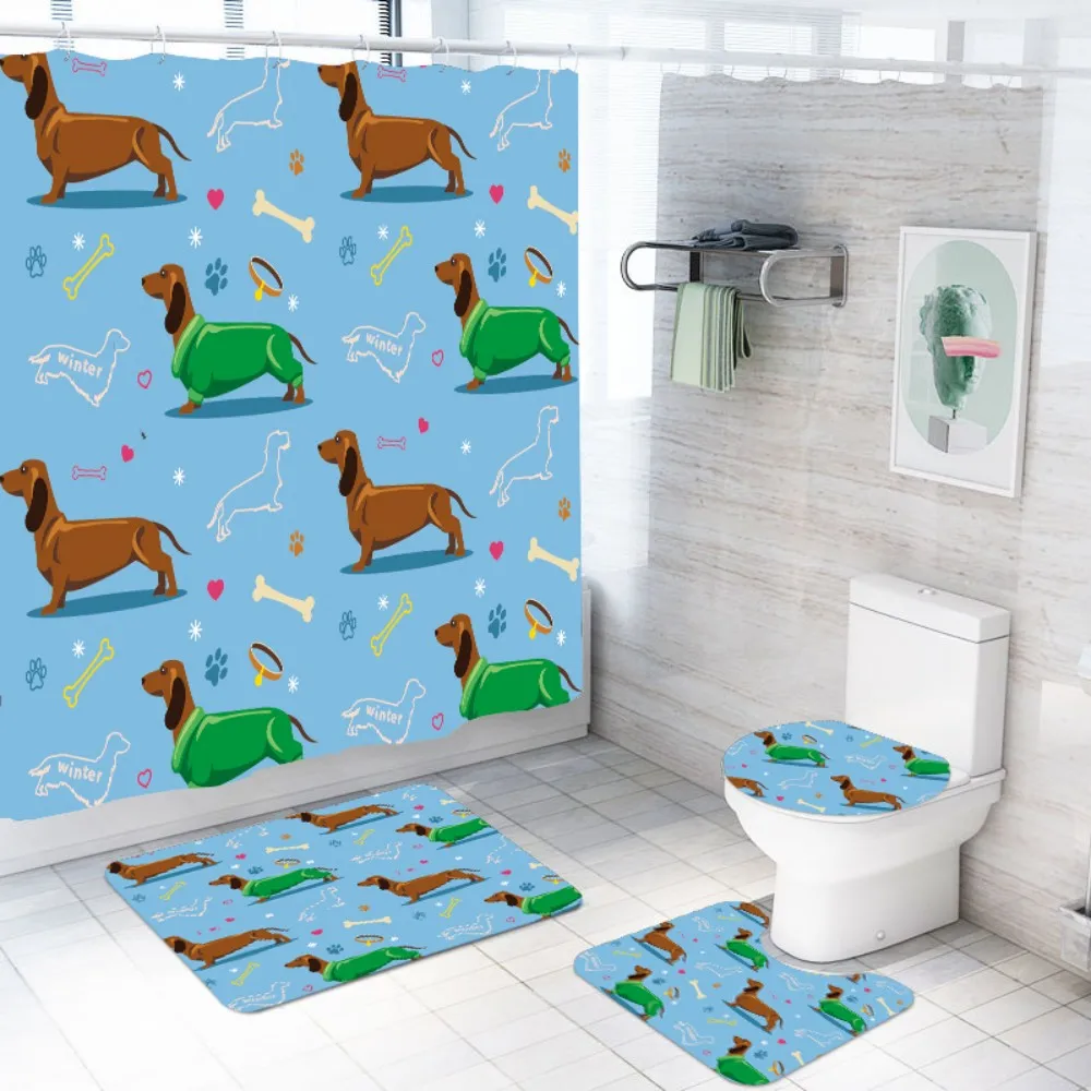 Cute Cartoon Dachshund Bath Curtain with Hooks Dog Print Shower Curtain Toilet Lid Cover Bath Rug Mats 4PCS Shower Curtain Set
Cute Cartoon Dachshund Bath Curtain with Hooks Dog Print Shower Curtain Toilet Lid Cover Bath Rug Mats 4PCS Shower Curtain Set