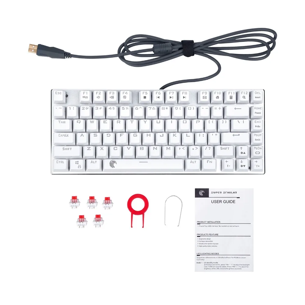 Mechanical keyboard smooth line red switch 81 keys RGB backlight white game keyboard compact design American layout eagle Z88
Mechanical keyboard smooth line red switch 81 keys RGB backlight white game keyboard compact design American layout eagle Z88