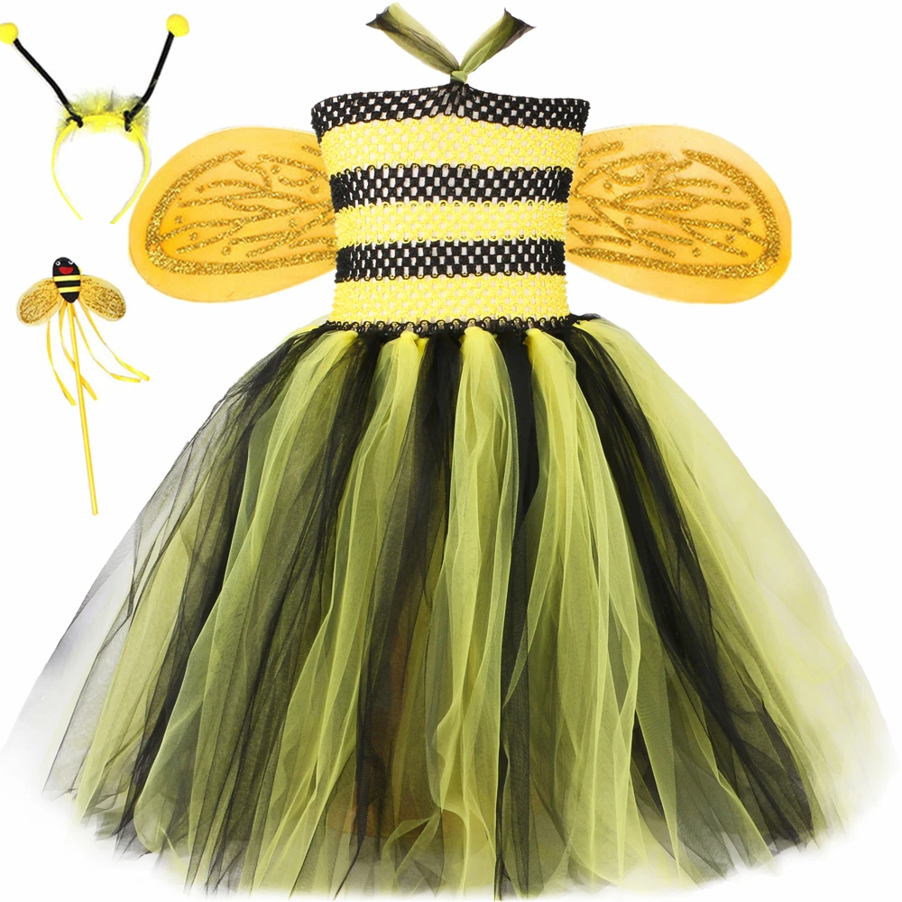 

Yellow Black Honeybee Long Girls Fancy Party Tutu Dress for Girl Halloween Costumes for Kid Fairy Dresses with Bee Wings Outfits