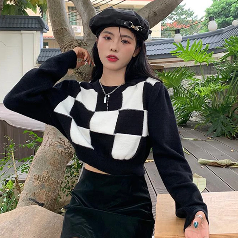 

Vintage Plaid Black White Autumn Kitted Sweater Women O-Neck Casual Streetwear Slim Loose Cropped Pullovers Knitwear Korean M433