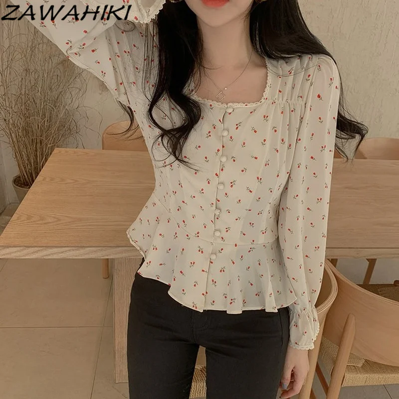 ZAWAHIKI Vintage Korean Shirts for Women Square Collar Office Lady Blouses Flowers Print Long Sleeve Elegant Tops Fashion Shirt 
ZAWAHIKI Vintage Korean Shirts for Women Square Collar Office Lady Blouses Flowers Print Long Sleeve Elegant Tops Fashion Shirt