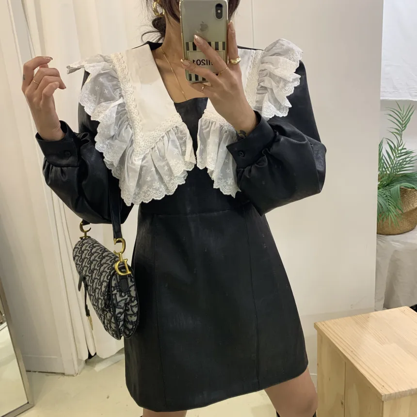 2021 Slim High Waist Puff Long Sleeve Peter Pan Collar Embroidered Black PU Leather Women Mini Streetwear Retro Vestido Dress
2021 Slim High Waist Puff Long Sleeve Peter Pan Collar Embroidered Black PU Leather Women Mini Streetwear Retro Vestido Dress