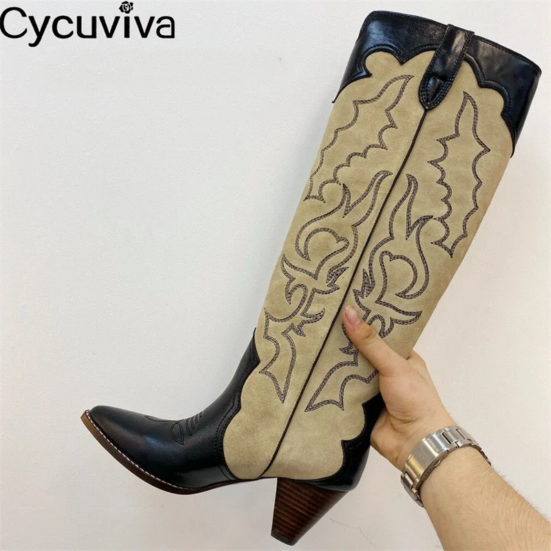 Classic Real Suede Knee High Boots Women Embroidered Point toe Wedge heel Long Boots Quality Winter Cowboy Knight Boots Female
Classic Real Suede Knee High Boots Women Embroidered Point toe Wedge heel Long Boots Quality Winter Cowboy Knight Boots Female