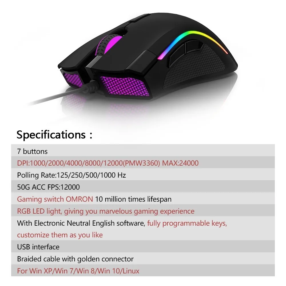 M625 A3035 Sensor Gaming Mouse 12000DPI 7 Programmable Buttons RGB Backlight Wired Mice with Fire Key For FPS Gamer
M625 A3035 Sensor Gaming Mouse 12000DPI 7 Programmable Buttons RGB Backlight Wired Mice with Fire Key For FPS Gamer