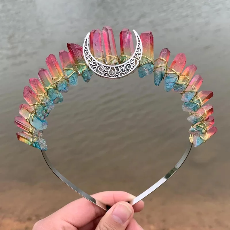 Romantic Colorful Jewelry Tiara Crown Rainbow Raw Quartz Crystal Headband Ethnic Antique Crescent Moon Metal Hair Hoop
Romantic Colorful Jewelry Tiara Crown Rainbow Raw Quartz Crystal Headband Ethnic Antique Crescent Moon Metal Hair Hoop