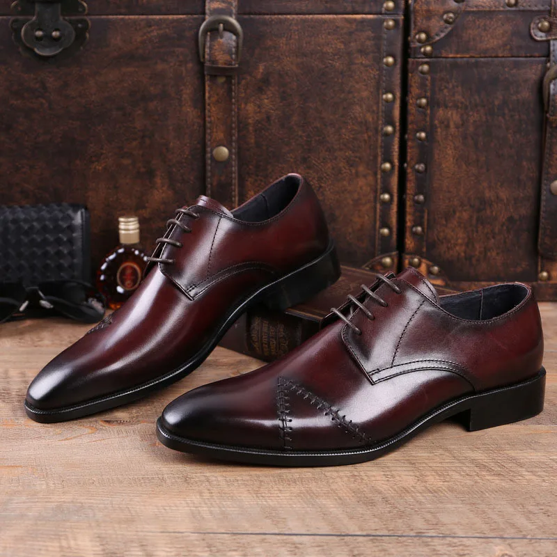 

Spring Autumn New Men's Genuine Leather Shoes Pointed Toe Business Dress Shoes Patch Pattern Men Wedding Oxfords Shoes B170