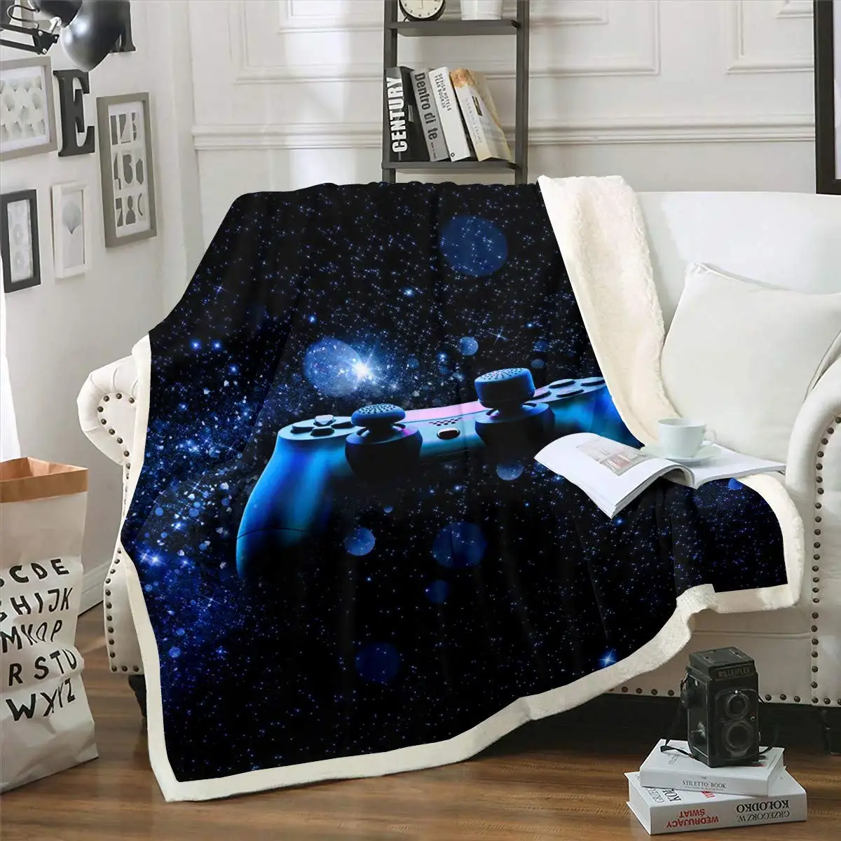 

Game Flannel Blanket Starry Sky Sherpa Blanket Gamepad Throw Blanket Gaming Player Bed Blanket Galaxy Plush Blanket Black Plush