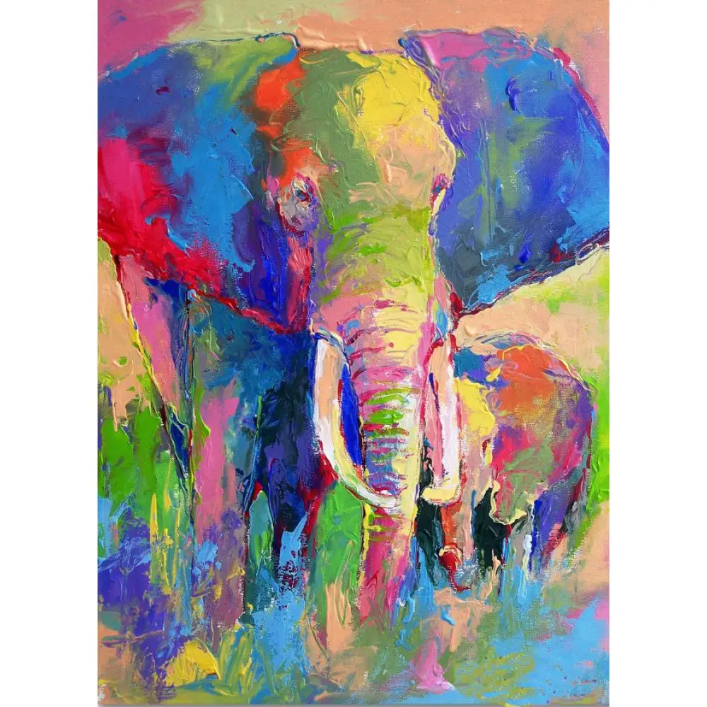 

Wall Art Elephant Artwork Abstract Animal Oil Painting Colorful Canvas for Kid Room Hand Painted High Quality Unframed