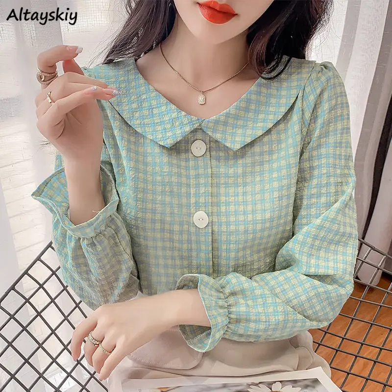 Shirts Sweet Women Plaid Elegant Peter Pan Collar Autumn Long Sleeve Fashion Single Breasted Casual Daily College Girls Soft New
Shirts Sweet Women Plaid Elegant Peter Pan Collar Autumn Long Sleeve Fashion Single Breasted Casual Daily College Girls Soft New