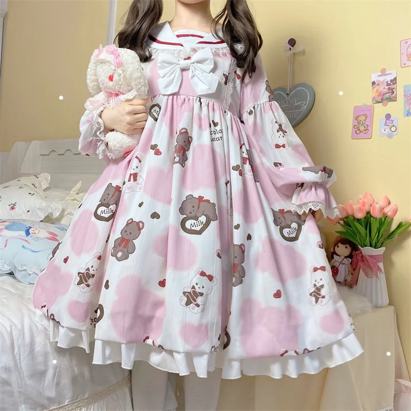 

Japanese Lolita Style Sweety Girly Dress Kawaii Sailor Collar Bandage Bow Cartoon Bear Printing Full Sleeve Lace Ruffles Dresses