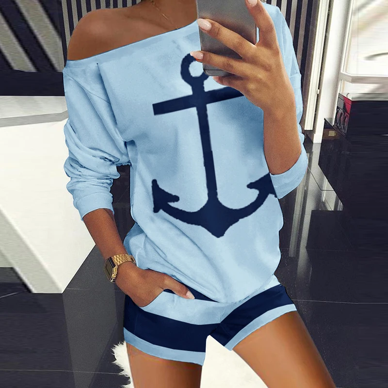 Hot style Boat Anchor Print Europe United States women's t-shirts printed shorts suit navy anchor two-piece fashion print new
Hot style Boat Anchor Print Europe United States women's t-shirts printed shorts suit navy anchor two-piece fashion print new