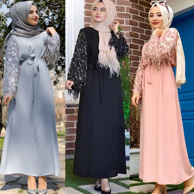 Блестящая кисточка Abaya турецкий Дубай хиджаб мусульманское платье мусульманская