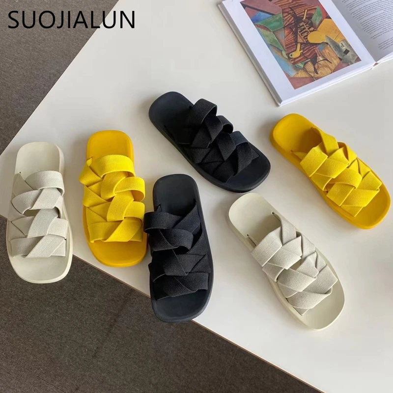 Женские пляжные шлепанцы SUOJIALUN, плетеные сандалии, плоская подошва, сланцы, для улицы, тапочки, лето 2021
Женские пляжные шлепанцы SUOJIALUN, плетеные сандалии, плоская подошва, сланцы, для улицы, тапочки, лето 2021