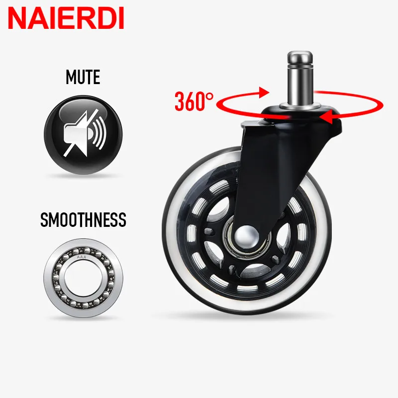 NAIERDI 5PCS Office Chair Caster Wheels 3 Inch Swivel Rubber Replacement Soft Safe Rollers Furniture Hardware |